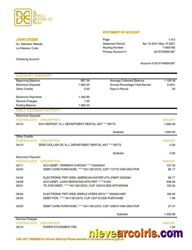 Cuba Banco Central de Cuba bank statement